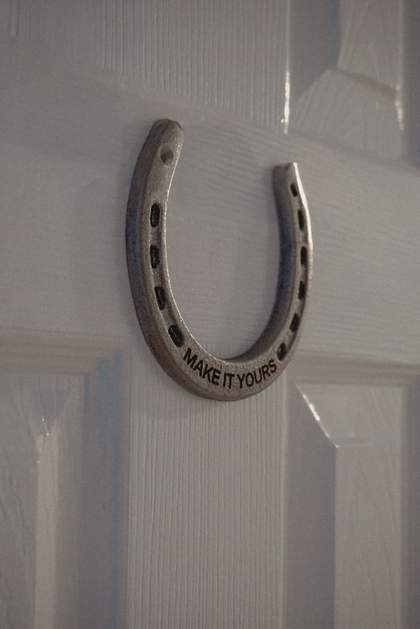 Custom engraved horseshoe gift for housewarming or wedding, rustic farmhouse style