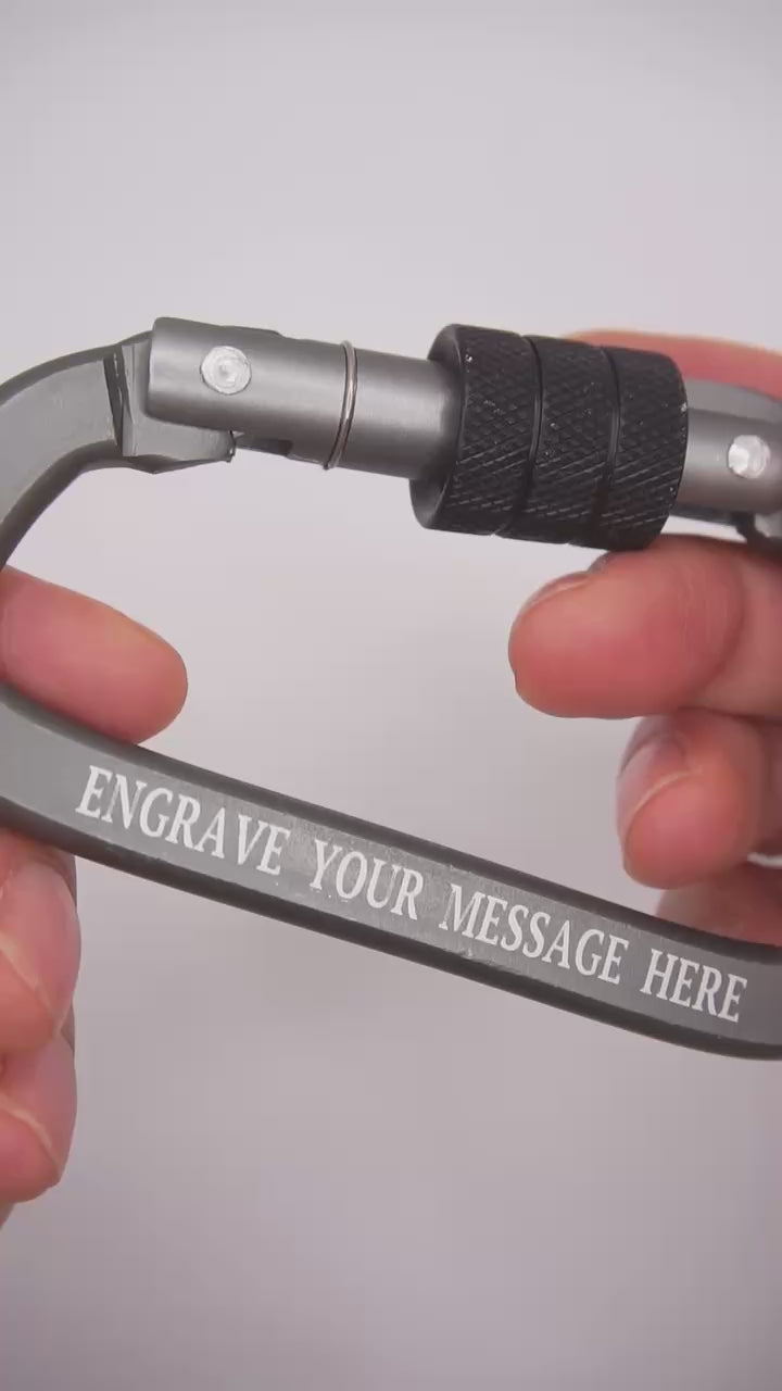 Custom engraved carabiner keychain with white engraved text, durable aluminum body and secure screw lock for everyday carry